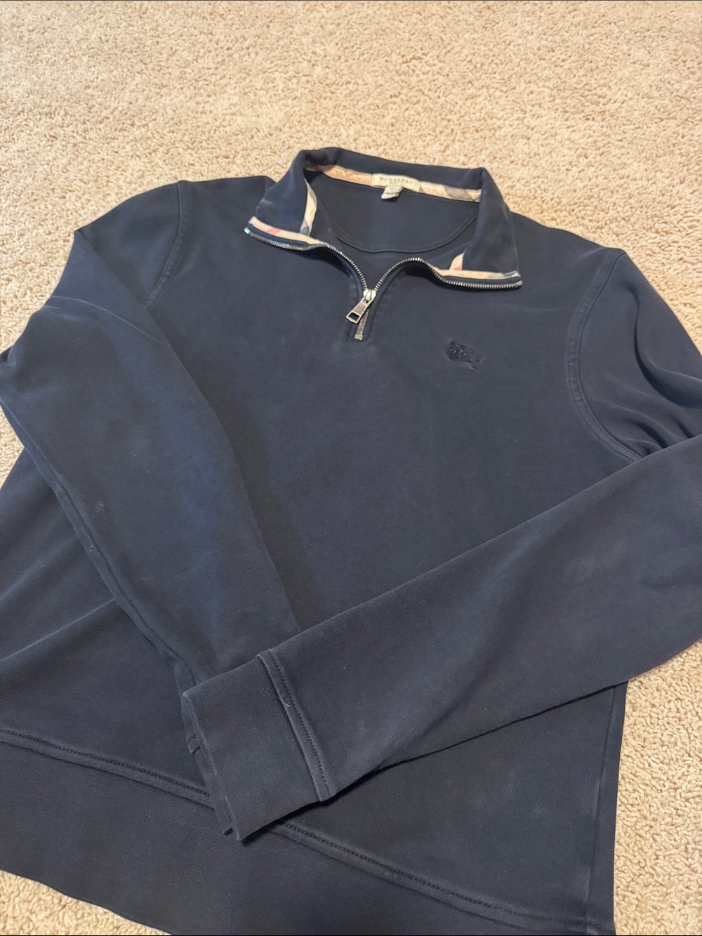 Authentic Burberry Navy Half-Zip Pullover with Stripe-Trim Collar